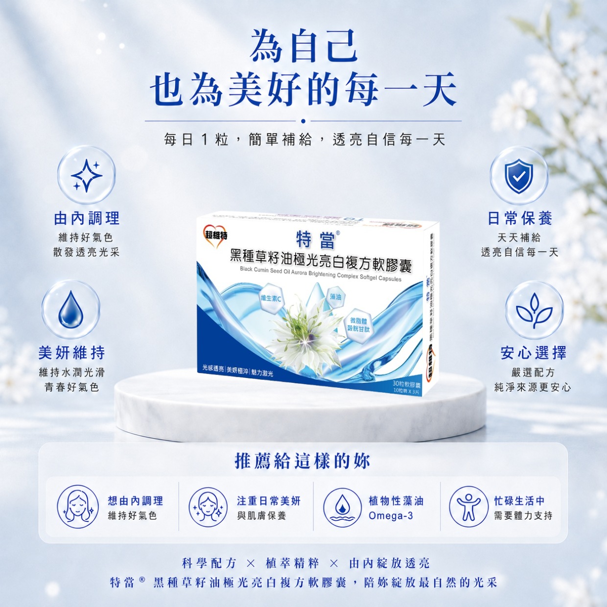 特當<sup>®</sup> 黑種草籽油極光亮白複方軟膠囊
